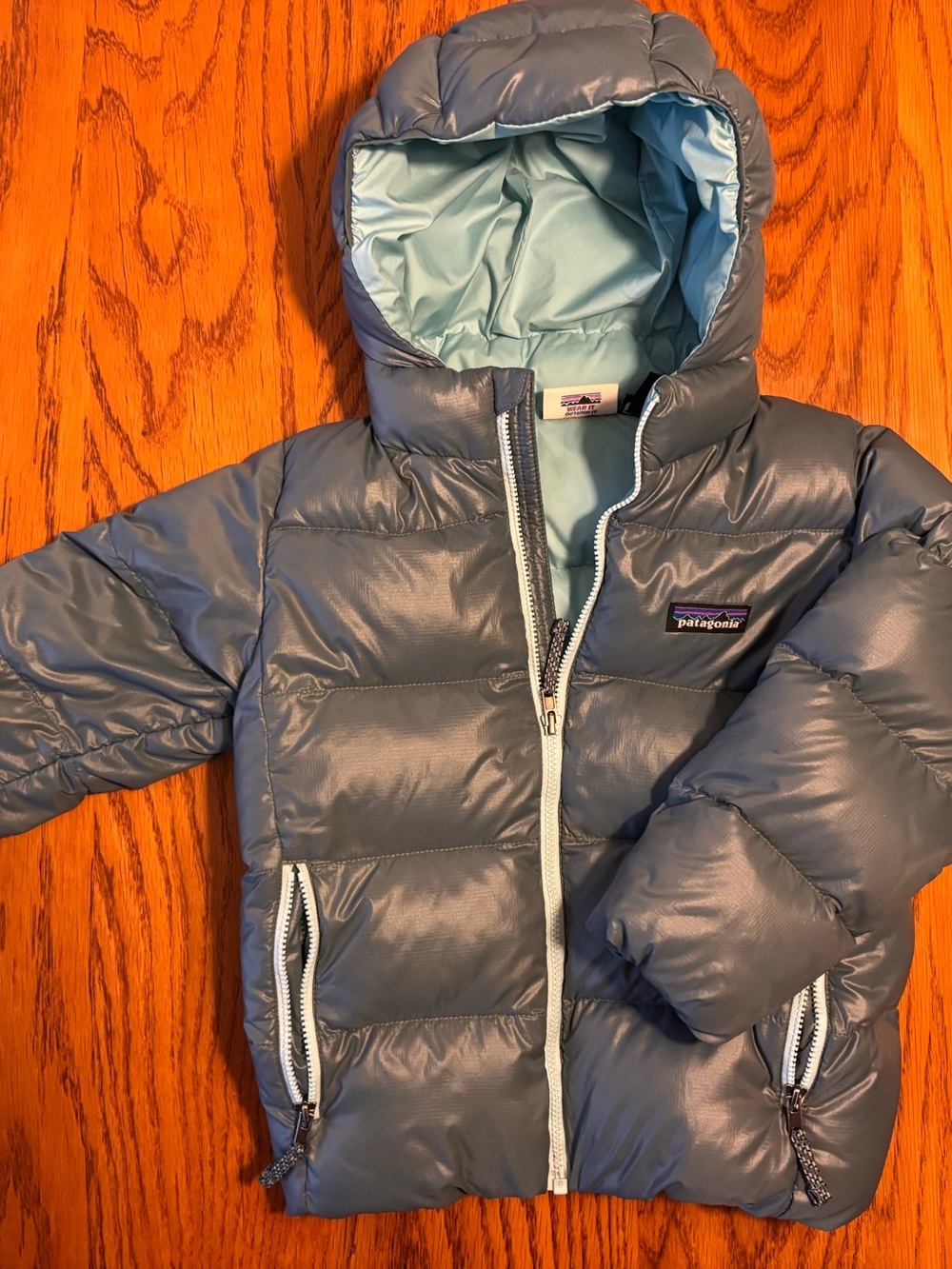 Patagonia Kids Puffer Jacket in Light Blue with Aqua Interior